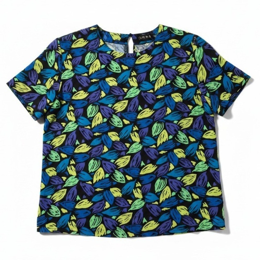 Anna and Frank Silk Short Sleeve Blouse, Woman's Small, Abstract Leaf Black Blue